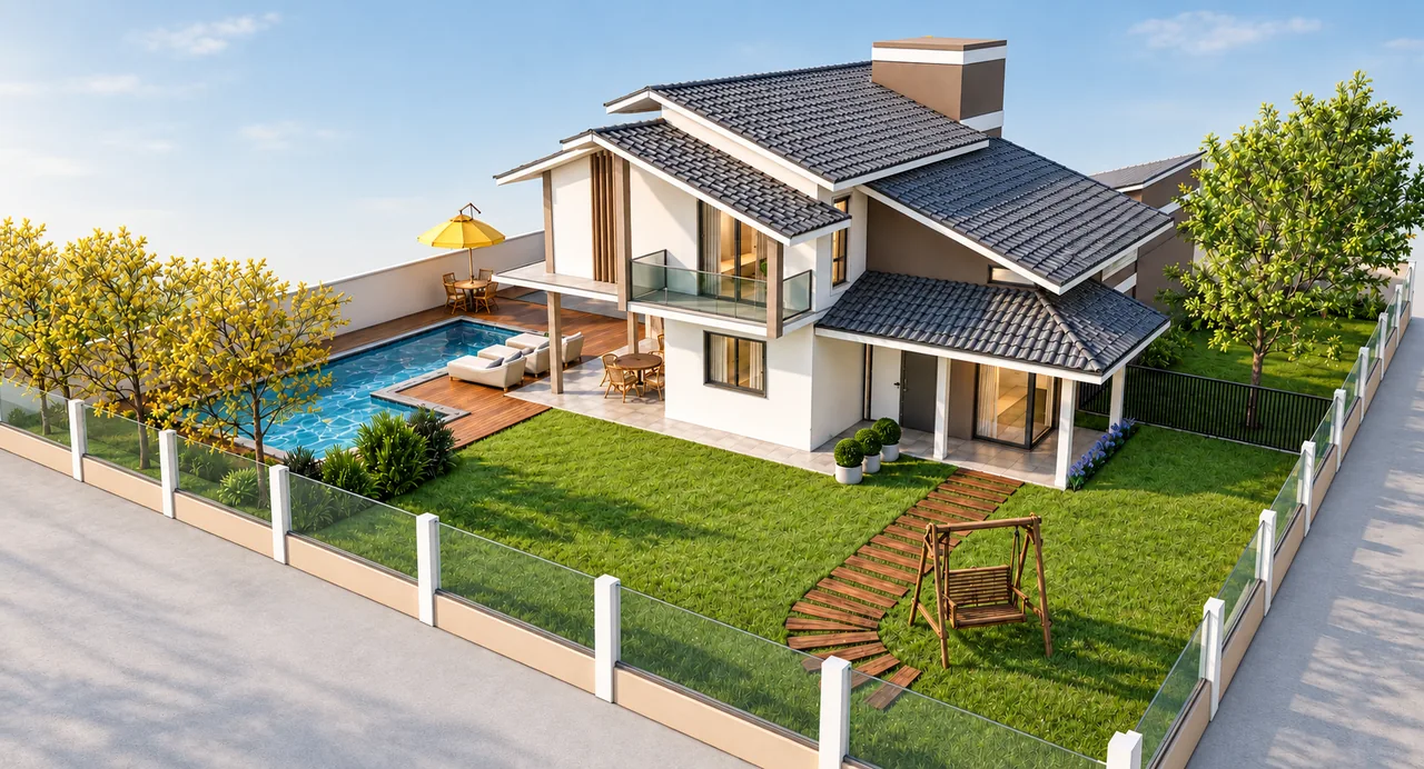 Casa de dois pavimentos — render ilustrativo