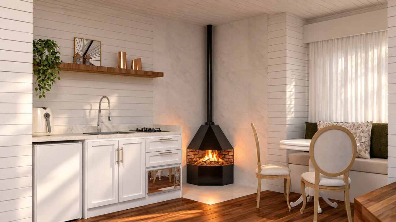 Interior de chalé — render ilustrativo